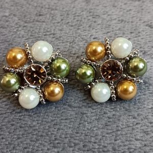 Autumn Fairycore Vintage Glam Rhinestone Fall Flower Cluster Clip On Earrings
